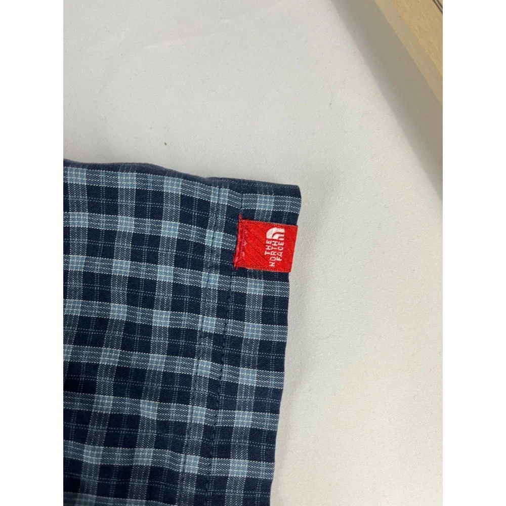 The North Face Mens L G Plaid Short Sleeve Button‎ Down Shirt Blue Tan
